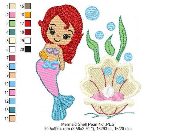 Cute Mermaid, Shell and Pearl - Fill Stitch - Machine Embroidery Design