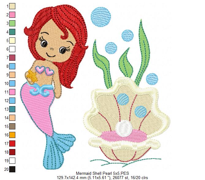 Cute Mermaid, Shell and Pearl - Fill Stitch - Machine Embroidery Design
