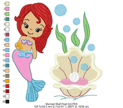 Cute Mermaid, Shell and Pearl - Fill Stitch - Machine Embroidery Design