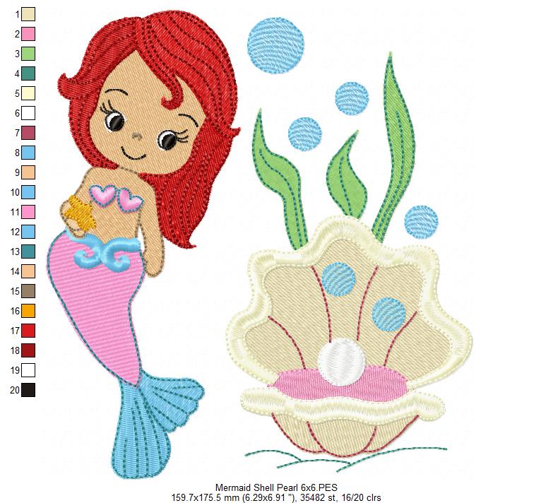 Cute Mermaid, Shell and Pearl - Fill Stitch - Machine Embroidery Design