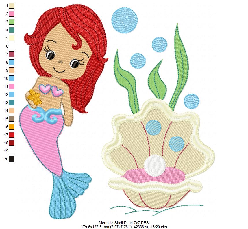 Cute Mermaid, Shell and Pearl - Fill Stitch - Machine Embroidery Design