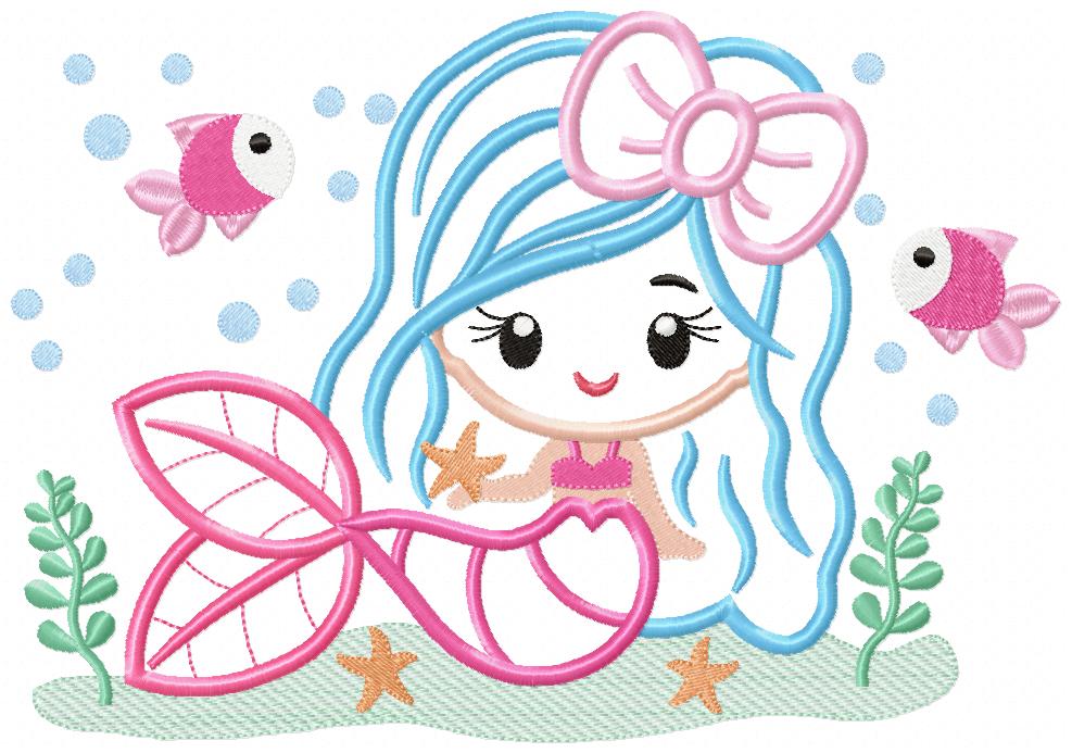 Cute Mermaid with Bow - Fill Stitch & Applique - Set of 2 designs