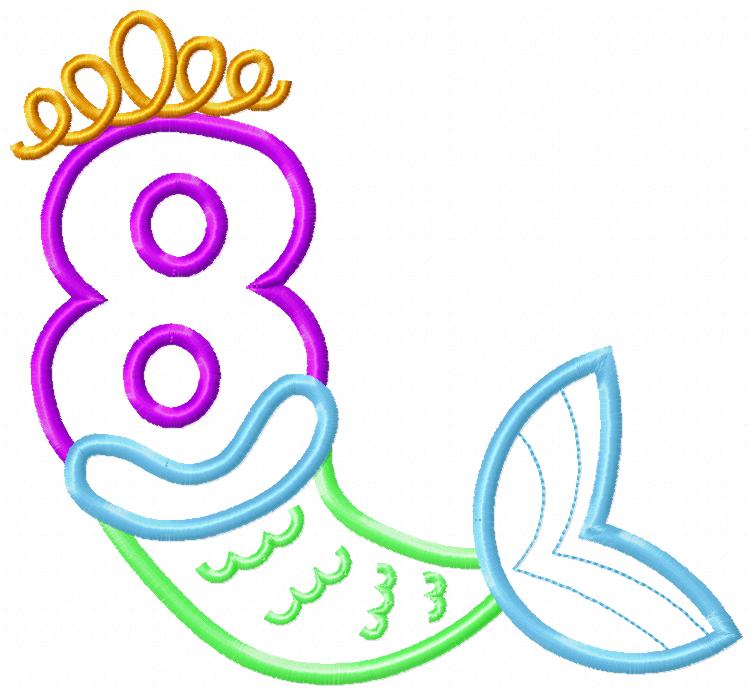 Mermaid Tail Number 8 Eight 8th Eighth Birthday - Applique