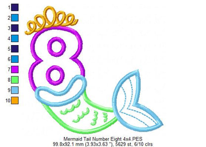 Mermaid Tail Number 8 Eight 8th Eighth Birthday - Applique