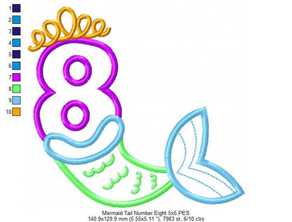 Mermaid Tail Number 8 Eight 8th Eighth Birthday - Applique