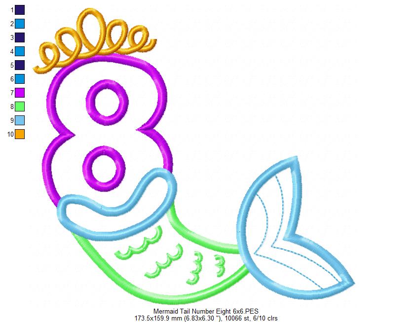Mermaid Tail Number 8 Eight 8th Eighth Birthday - Applique