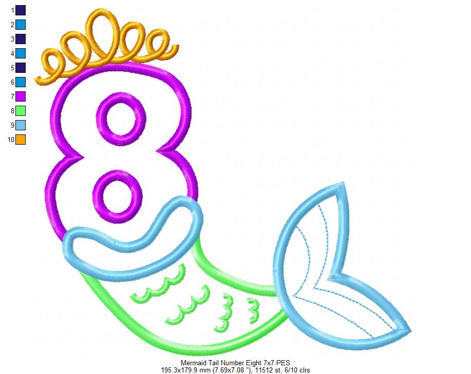 Mermaid Tail Number 8 Eight 8th Eighth Birthday - Applique