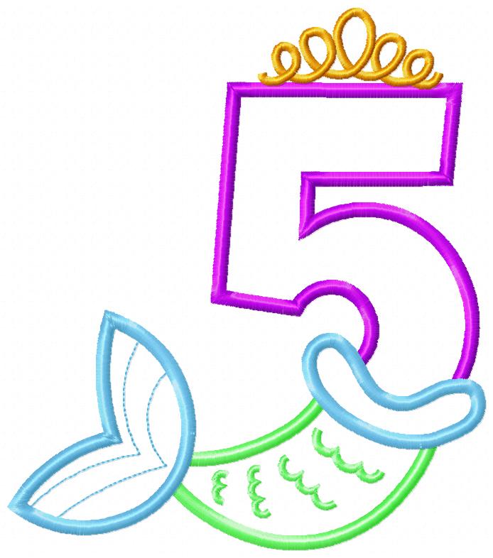 Mermaid Tail Number 5 Five 5th Fifth Birthday - Applique