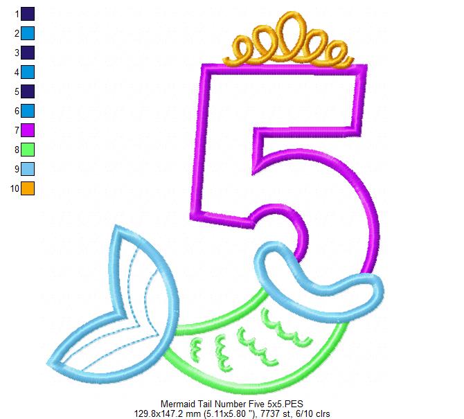 Mermaid Tail Number 5 Five 5th Fifth Birthday - Applique