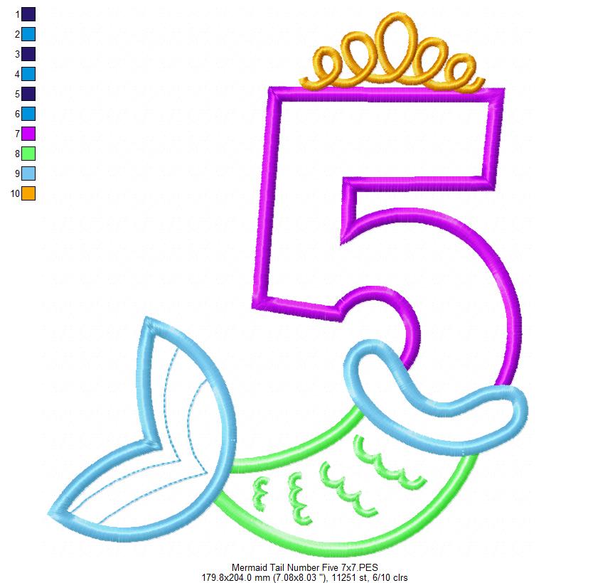 Mermaid Tail Number 5 Five 5th Fifth Birthday - Applique