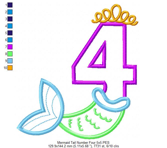 Mermaid Tail Birthday Number 4 Four 4th Birthday - Applique