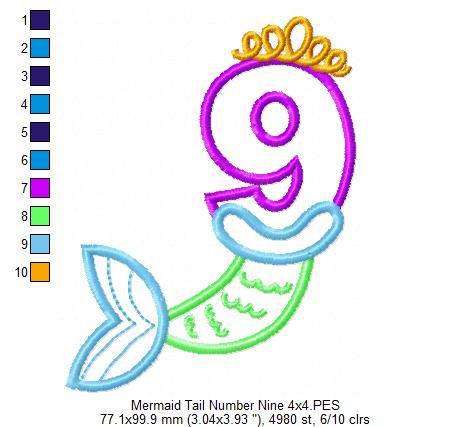Mermaid Tail Number 9 Nine 9th Nineth Birthday - Applique