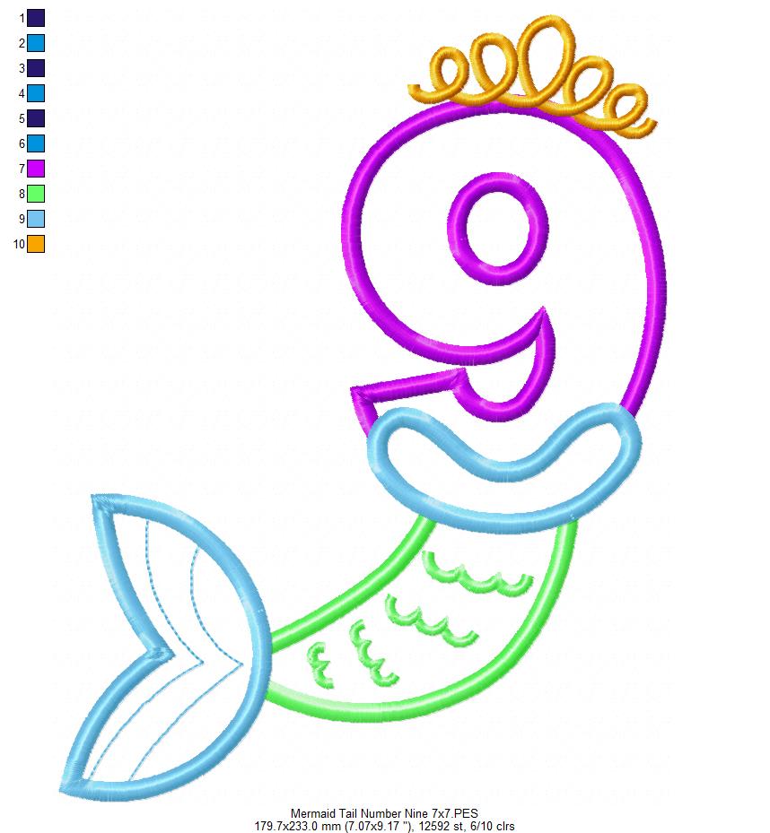 Mermaid Tail Number 9 Nine 9th Nineth Birthday - Applique