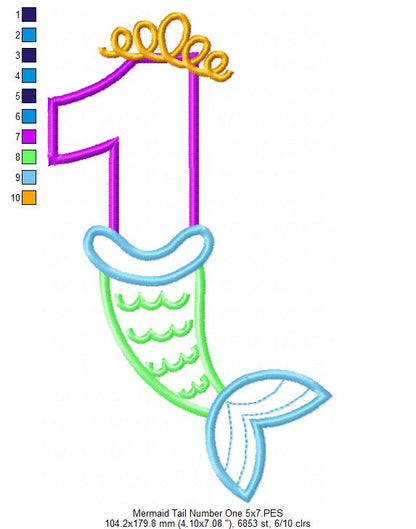 Mermaid Tail Number One 1st First Birthday - Applique