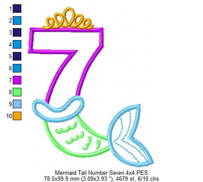 Mermaid Tail Number 7 Seven 7th Seventh Birthday - Applique