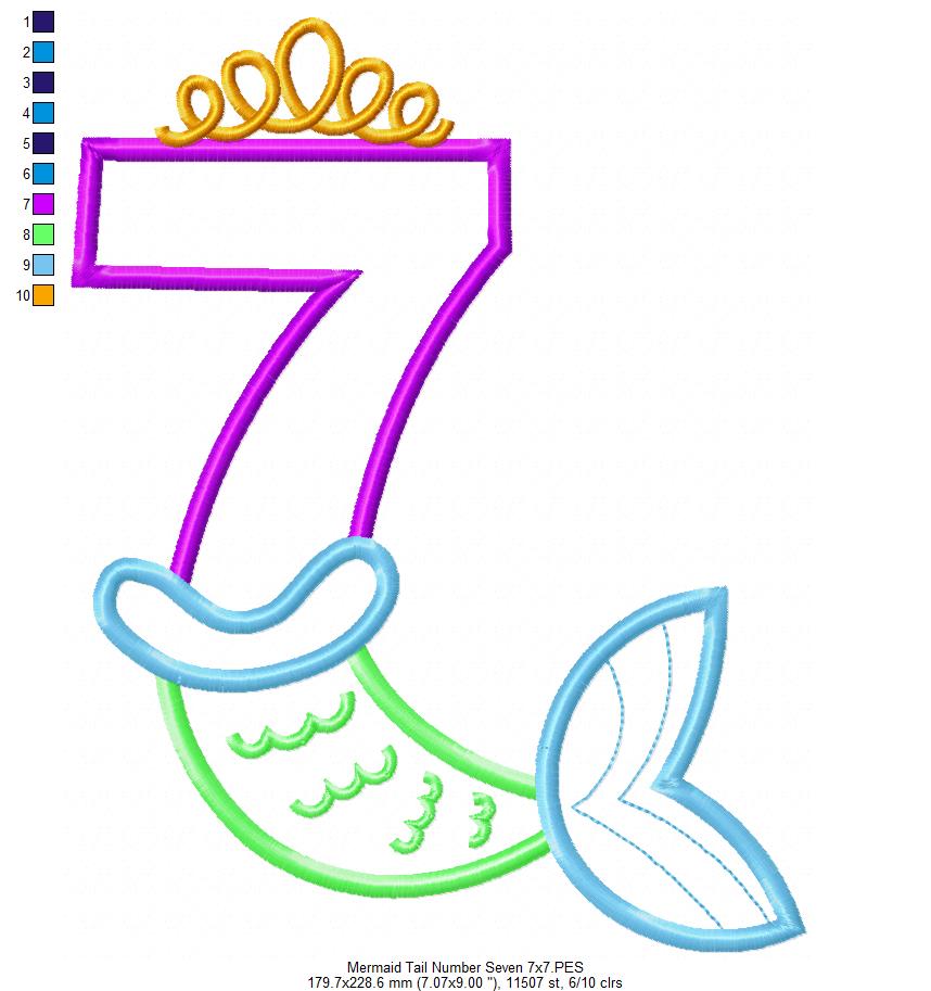 Mermaid Tail Number 7 Seven 7th Seventh Birthday - Applique