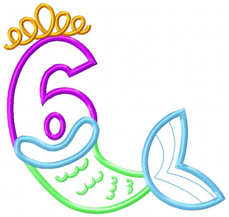 Mermaid Tail Number 6 Six 6th Sixth Birthday - Applique