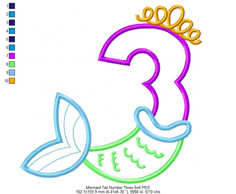 Mermaid Tail Number 3 Three 3rd Third Birthday - Applique