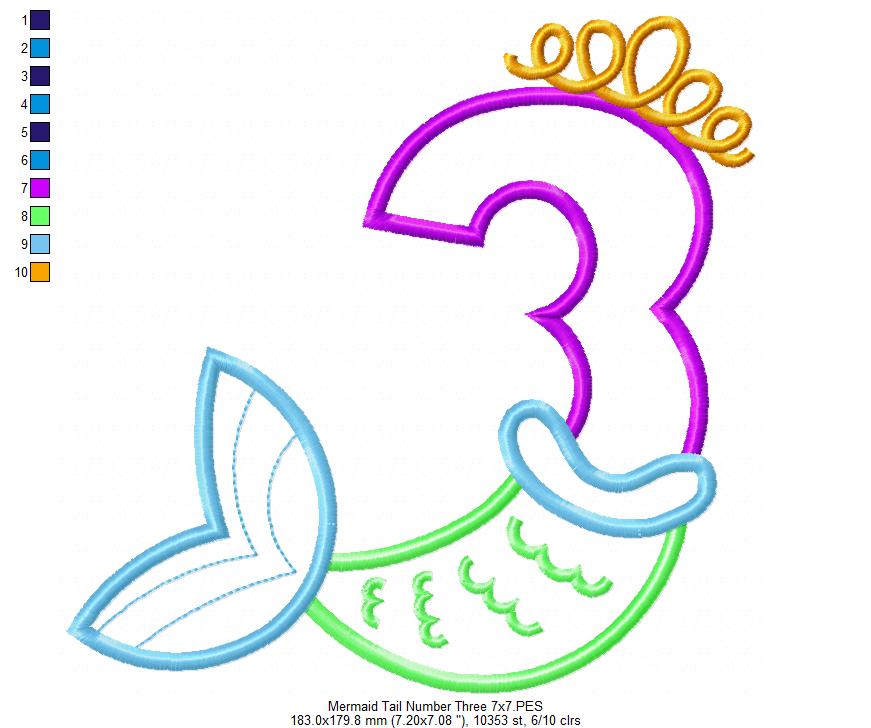 Mermaid Tail Number 3 Three 3rd Third Birthday - Applique