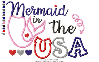 Mermaid in the USA - Appliqué - Machine Embroidery Design