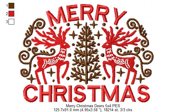 Merry Christmas Deers - Fill Stitch - Machine Embroidery Design
