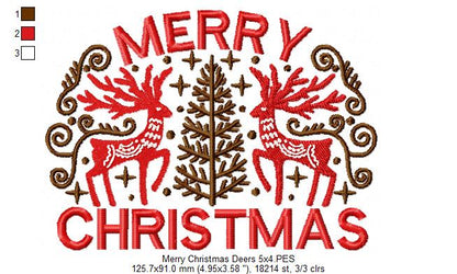 Merry Christmas Deers - Fill Stitch - Machine Embroidery Design