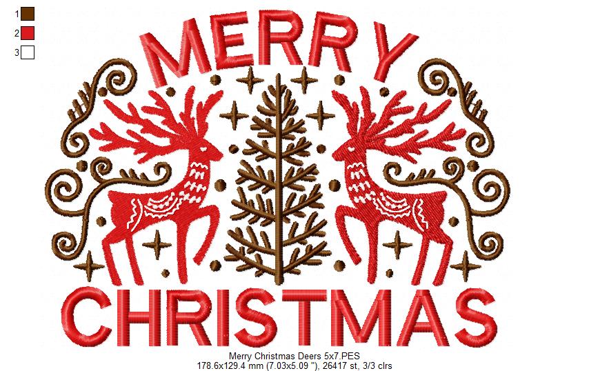Merry Christmas Deers - Fill Stitch - Machine Embroidery Design