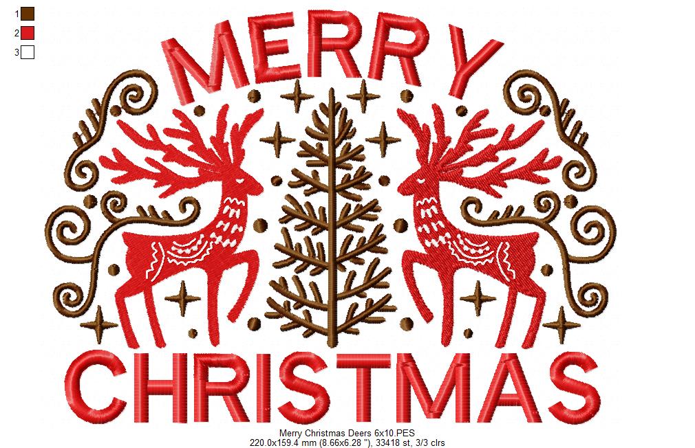 Merry Christmas Deers - Fill Stitch - Machine Embroidery Design