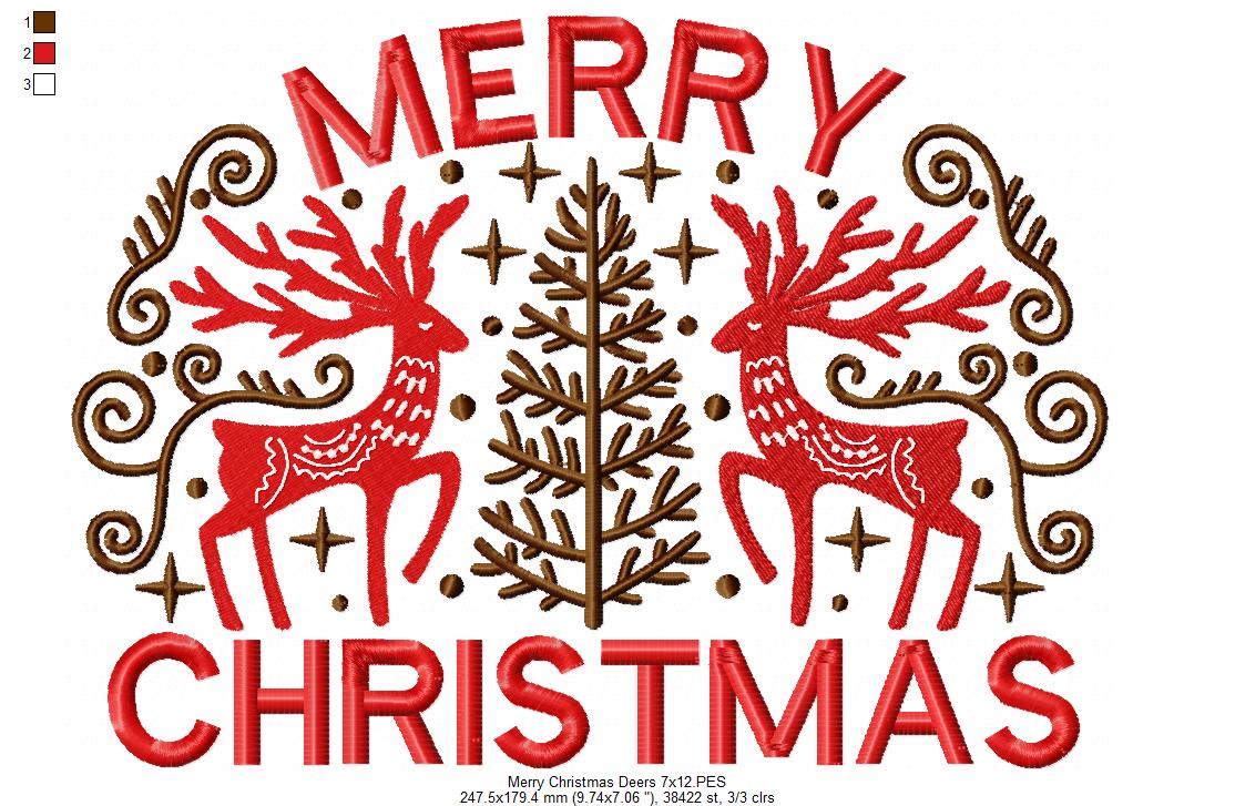 Merry Christmas Deers - Fill Stitch - Machine Embroidery Design