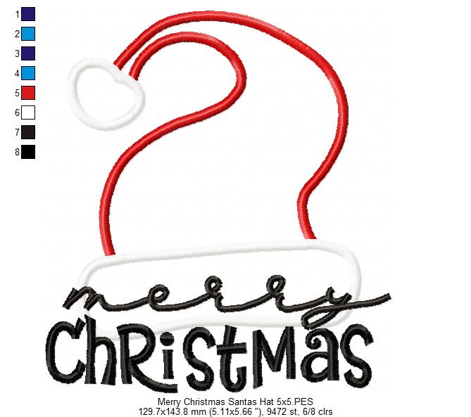 Merry Christmas Santa's Hat - Applique - Machine Embroidery Design