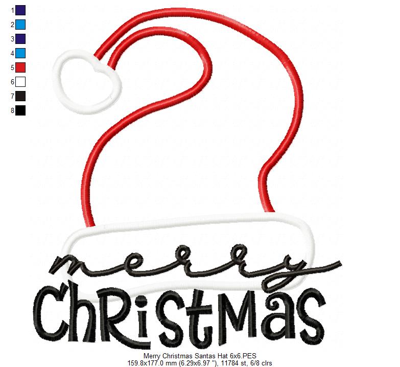 Merry Christmas Santa's Hat - Applique - Machine Embroidery Design