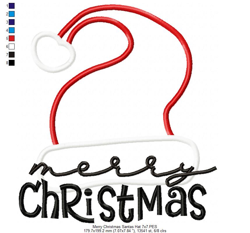 Merry Christmas Santa's Hat - Applique - Machine Embroidery Design