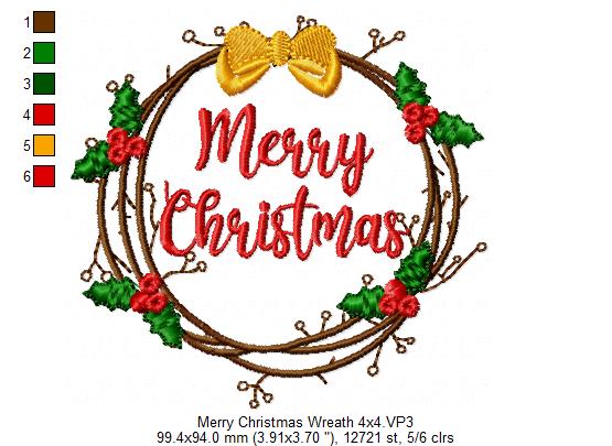 Merry Christmas Wreath - Fill Stitch - Machine Embroidery Design