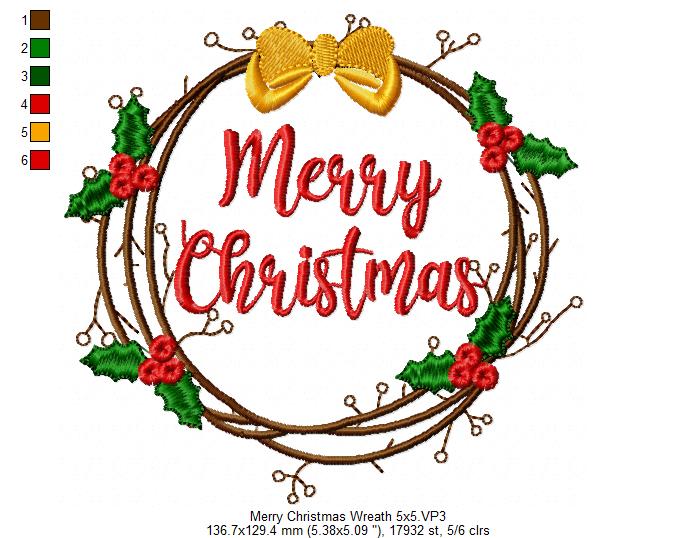 Merry Christmas Wreath - Fill Stitch - Machine Embroidery Design