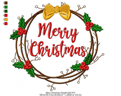 Merry Christmas Wreath - Fill Stitch - Machine Embroidery Design