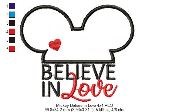 Valentines Mouse Ears Boy Believe in Love - Applique - Machine Embroidery Design