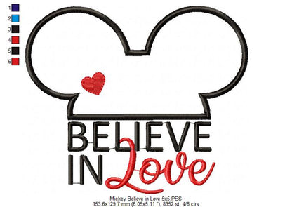 Valentines Mouse Ears Boy Believe in Love - Applique - Machine Embroidery Design