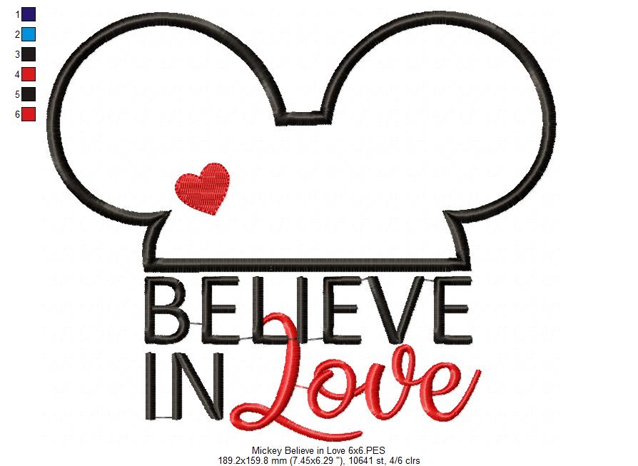 Valentines Mouse Ears Boy Believe in Love - Applique - Machine Embroidery Design