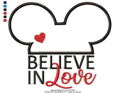 Valentines Mouse Ears Boy Believe in Love - Applique - Machine Embroidery Design