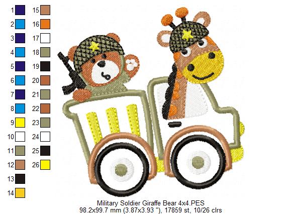 Military Soldier Giraffe and Bear - Applique