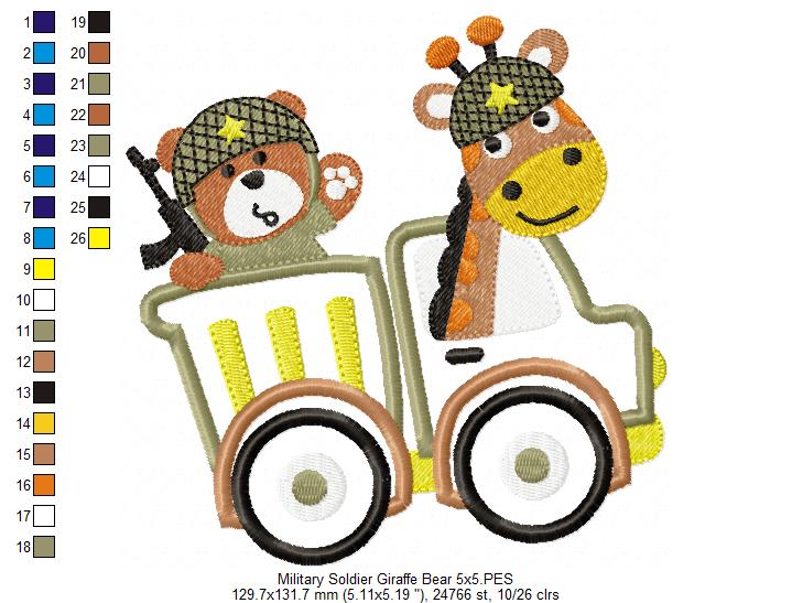 Military Soldier Giraffe and Bear - Applique