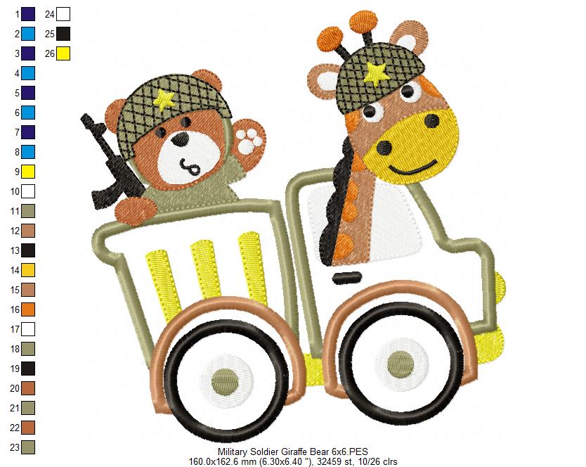 Military Soldier Giraffe and Bear - Applique