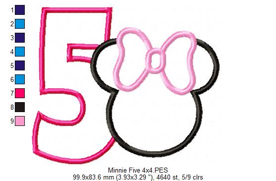 Mouse Ears Girl Number 5 Five 5th Fifth Birthday Number 5 - Applique