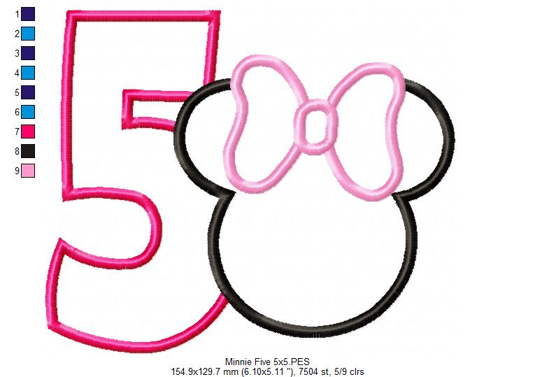 Mouse Ears Girl Number 5 Five 5th Fifth Birthday Number 5 - Applique