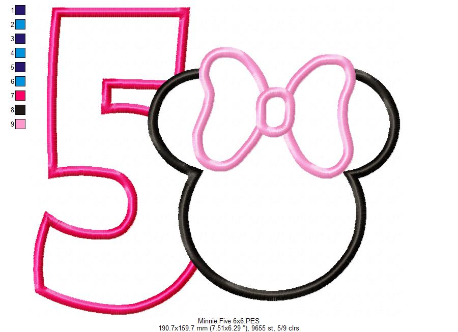 Mouse Ears Girl Number 5 Five 5th Fifth Birthday Number 5 - Applique