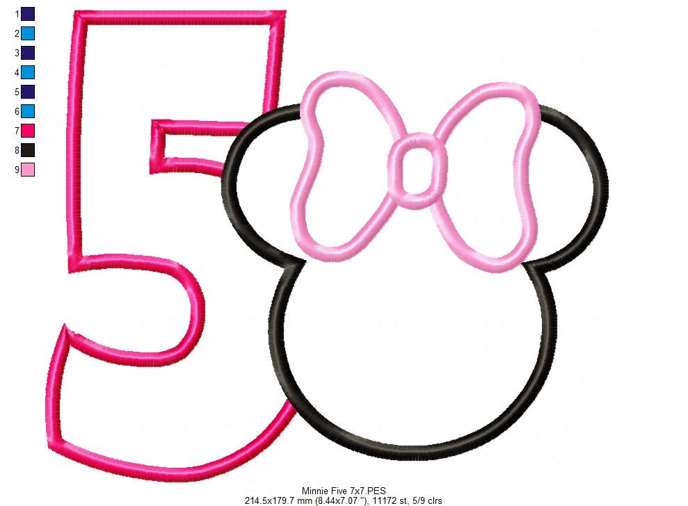 Mouse Ears Girl Number 5 Five 5th Fifth Birthday Number 5 - Applique