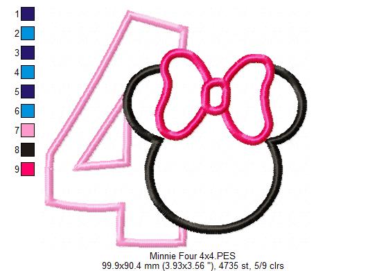 Mouse Ears Girl Number 4 Four 4th Fourth Birthday Number 4 - Applique