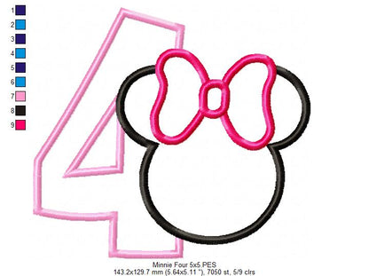 Mouse Ears Girl Number 4 Four 4th Fourth Birthday Number 4 - Applique