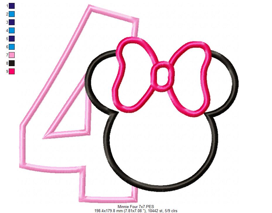 Mouse Ears Girl Number 4 Four 4th Fourth Birthday Number 4 - Applique