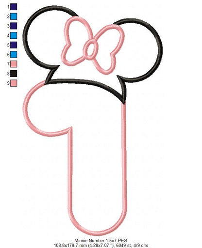 Mouse Ears Girl Hat Number 1 One 1st Birthday - Applique